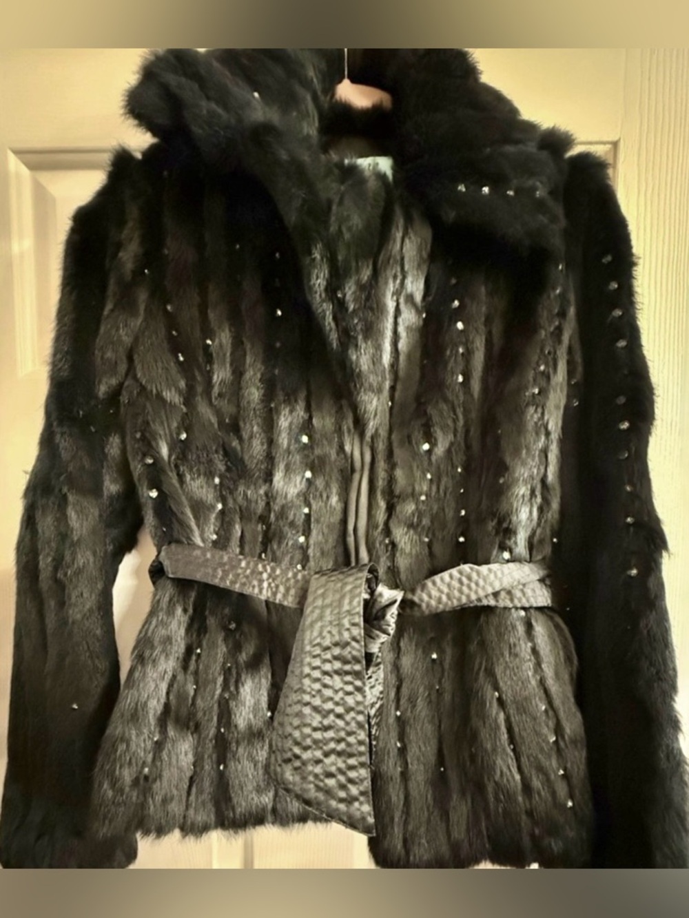 Marciano Black Rabbit Fur Coat | Crystal Embellished | Y2K Era | Size M